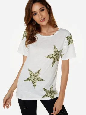 Custom Crew Neck Star Short Sleeve Army Green T-Shirts