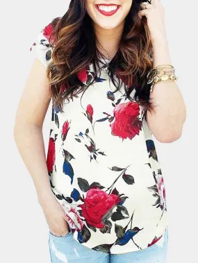 Custom Round Neck Floral Print Short Sleeve Beige T-Shirts