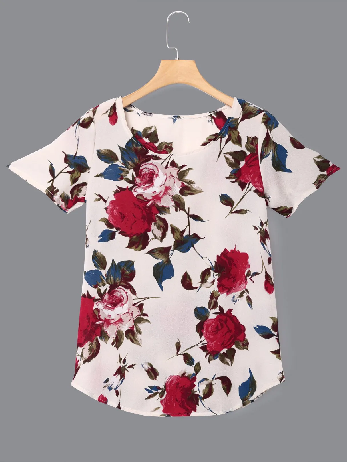 Custom Round Neck Floral Print Short Sleeve Beige T-Shirts