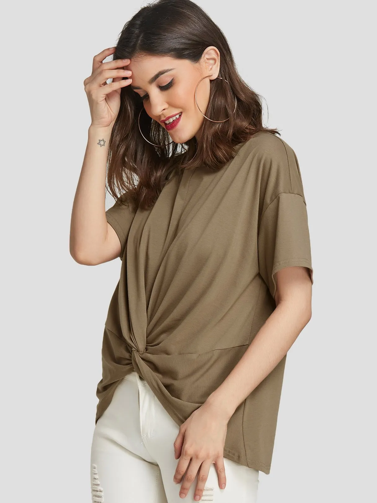 Custom Round Neck Twist Short Sleeve Khaki T-Shirts