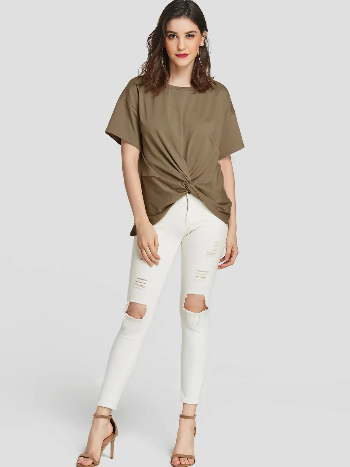 Custom Round Neck Twist Short Sleeve Khaki T-Shirts