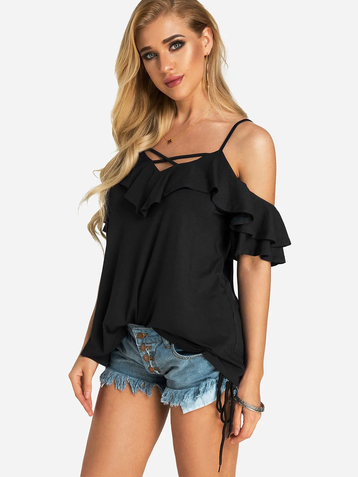 Custom V-Neck Cold Shoulder Backless Lace-Up Short Sleeve Black T-Shirts
