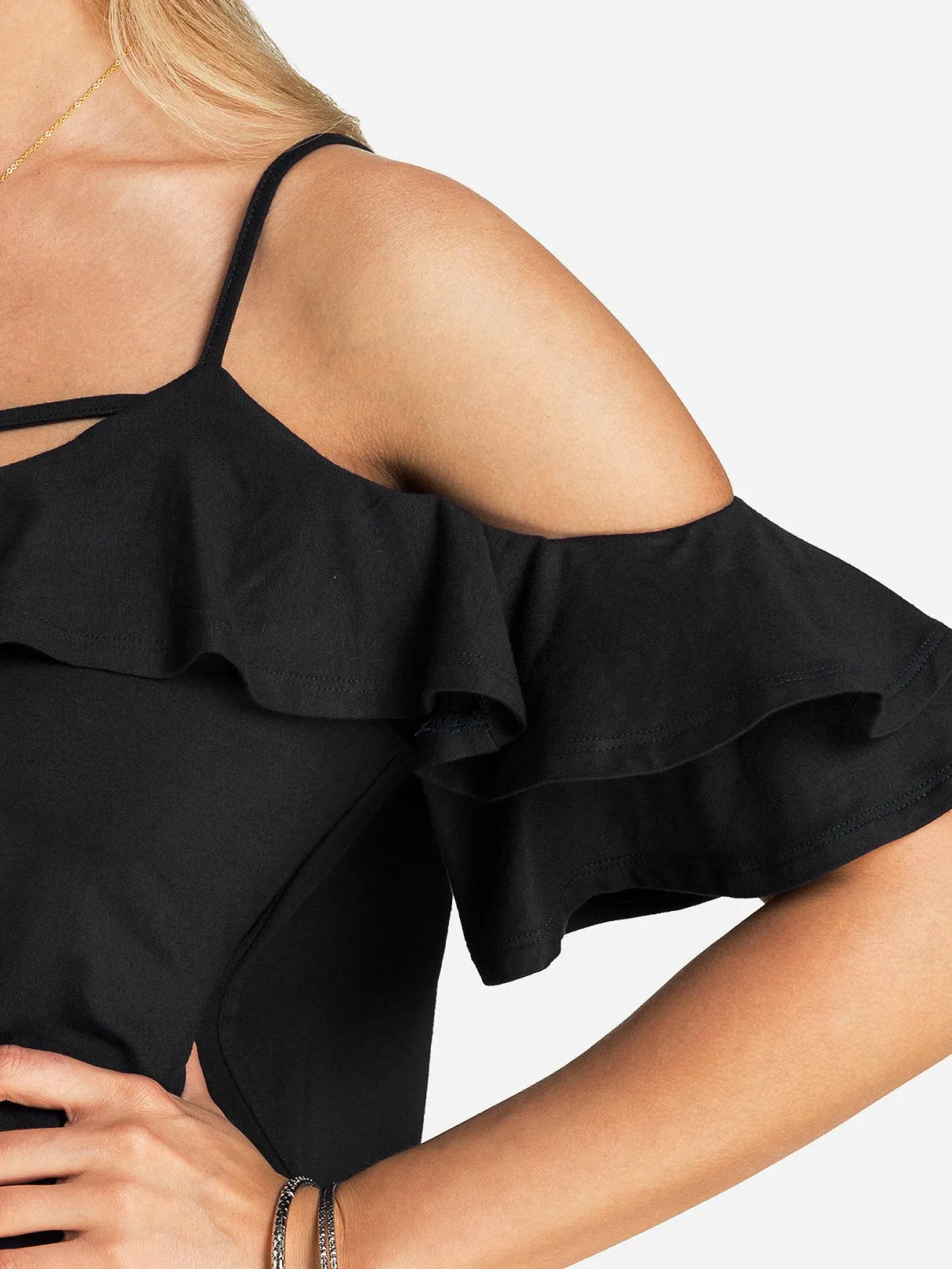 Custom V-Neck Cold Shoulder Backless Lace-Up Short Sleeve Black T-Shirts