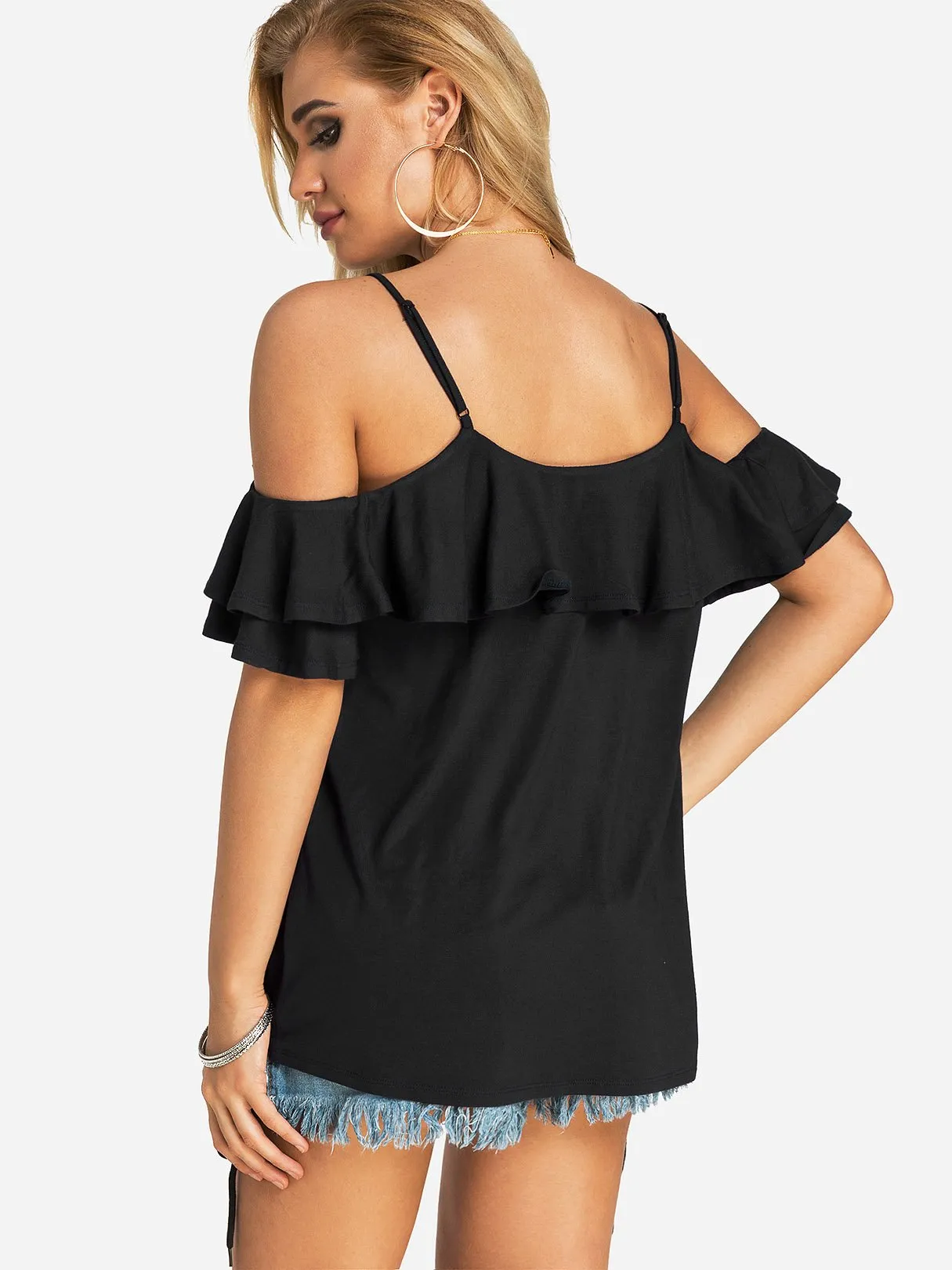 Custom V-Neck Cold Shoulder Backless Lace-Up Short Sleeve Black T-Shirts