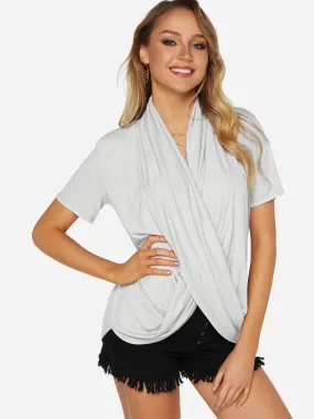 Custom V-Neck Crossed Front Short Sleeve Irregular Hem Grey T-Shirts