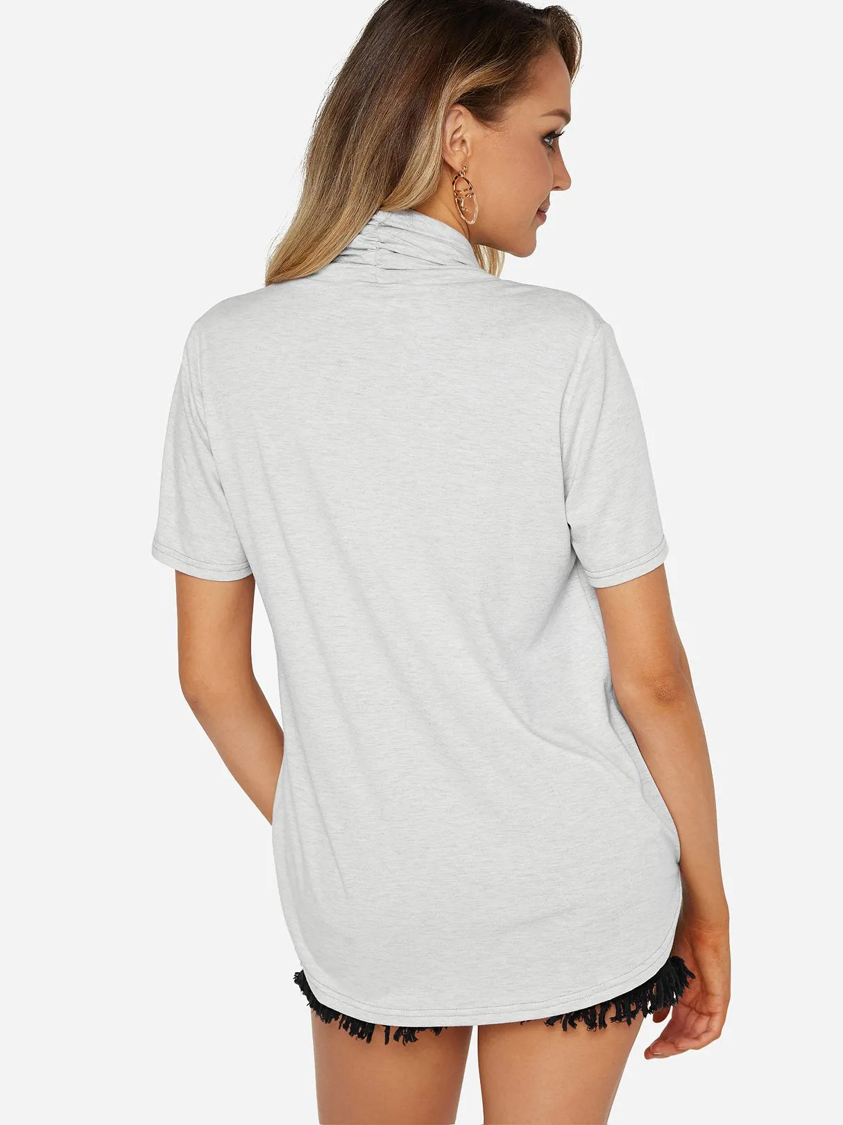 Custom V-Neck Crossed Front Short Sleeve Irregular Hem Grey T-Shirts