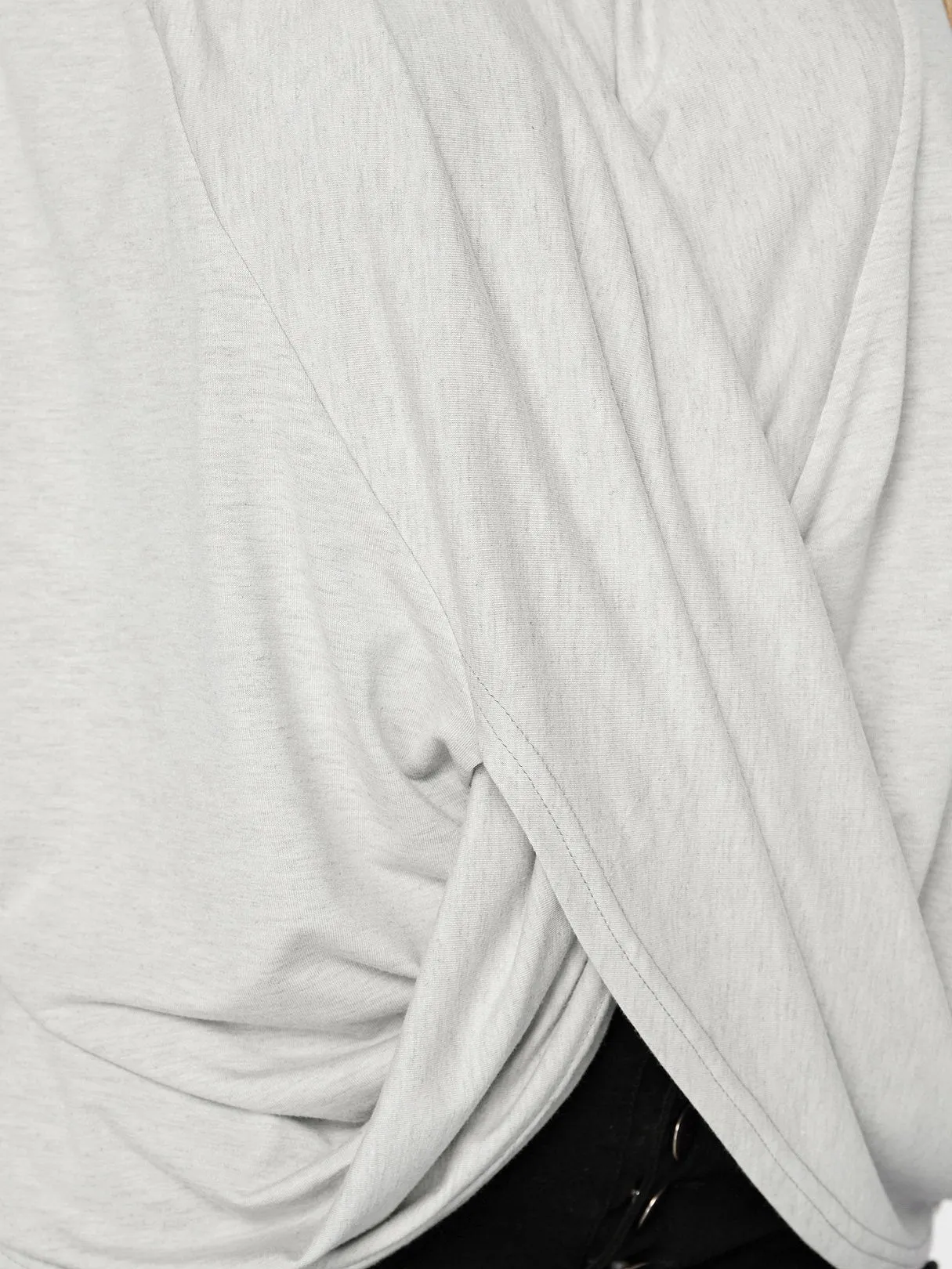 Custom V-Neck Crossed Front Short Sleeve Irregular Hem Grey T-Shirts