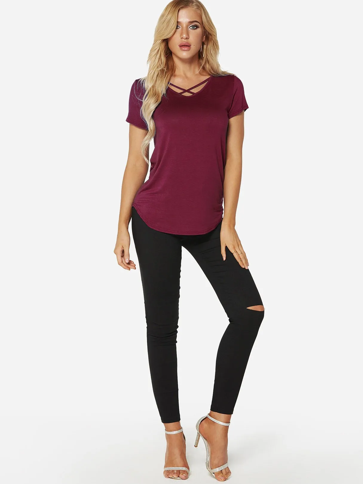 Custom V-Neck Plain Crossed Front Short Sleeve Tee