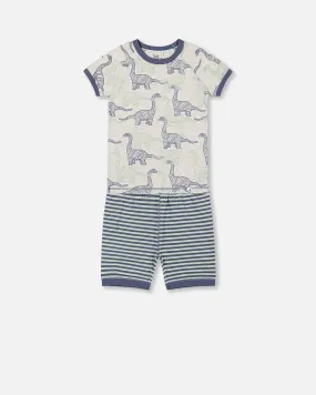 Deux par Deux Boy's Organic Cotton Two Piece Short Heather Beige Printed Dinosaurs Pajama Set