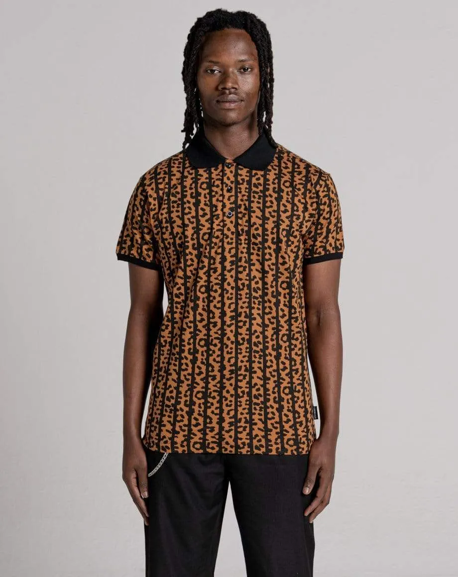 DREDONDO MEN'S ANIMAL PRINT STRIPE POLO SHIRT | BLACK