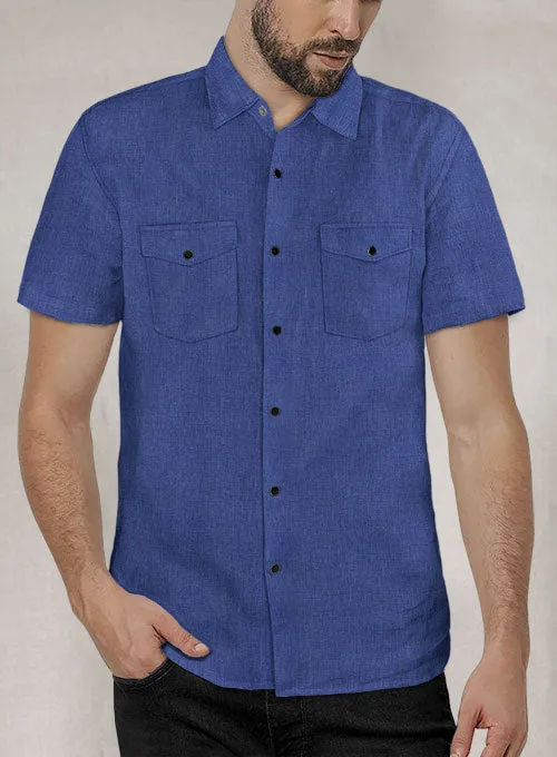 European Cruise Blue Linen Western Style Shirt