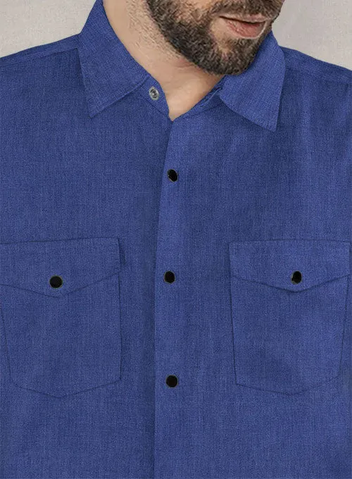 European Cruise Blue Linen Western Style Shirt