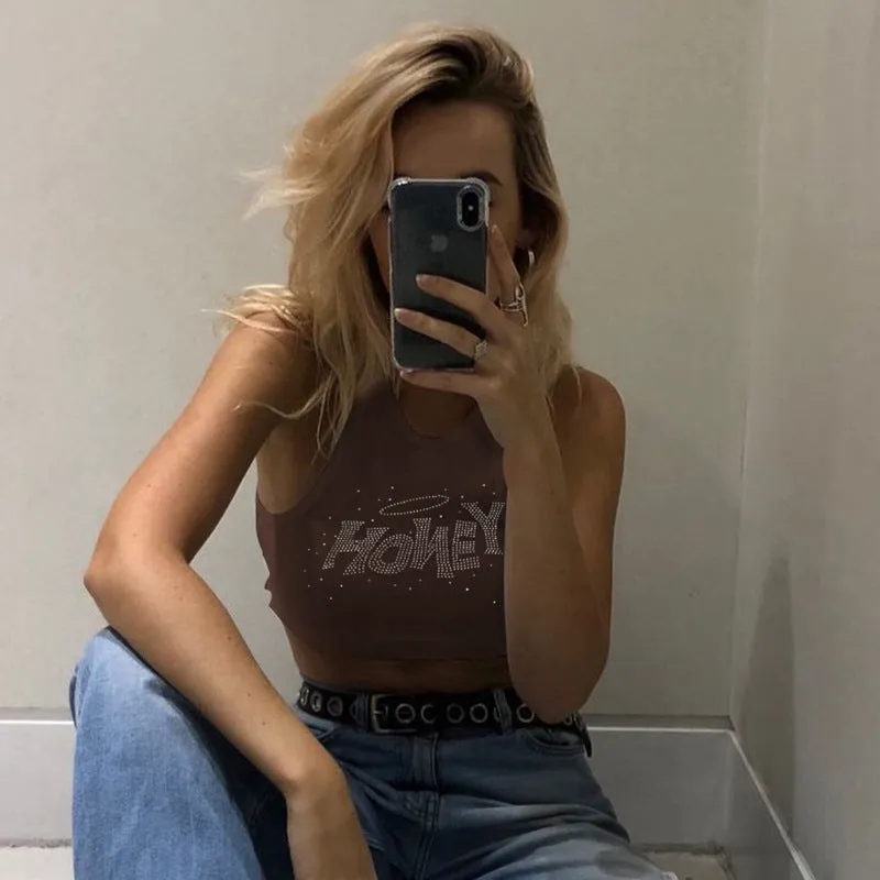 Girls Fashion Round Neck Slim T-Shirt Navel Sleeveless Sexy Tank Vest