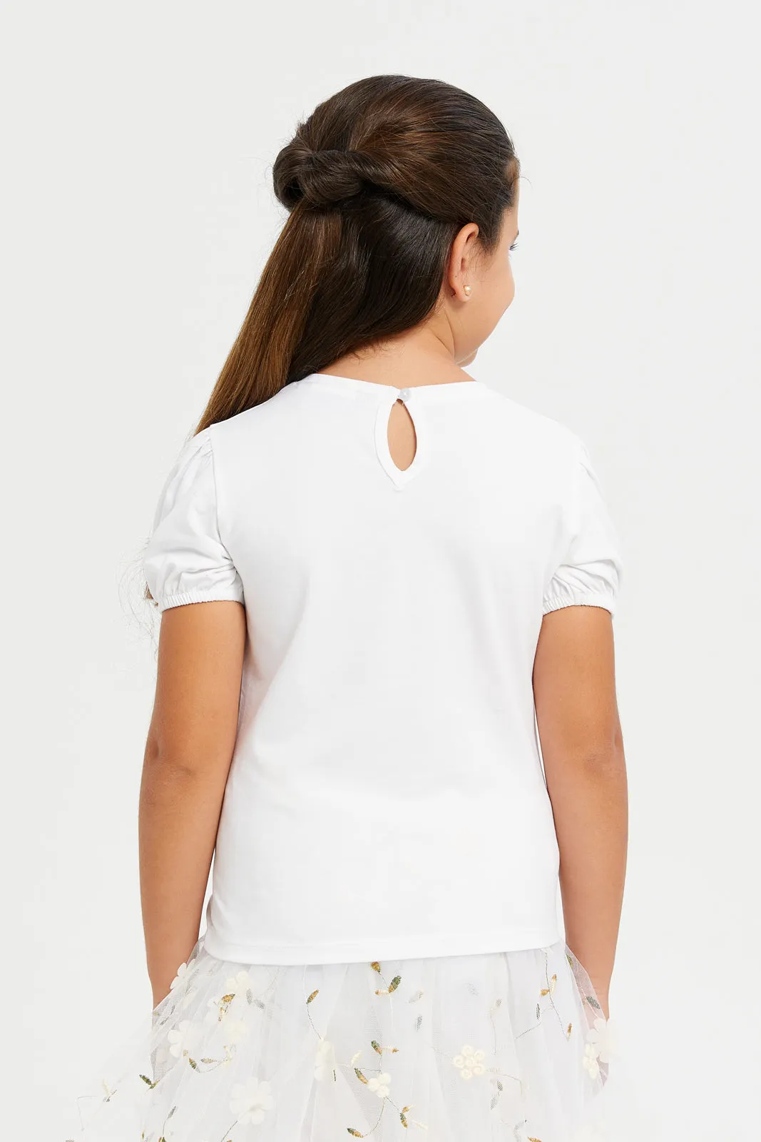 Girls White Embellished Princess Studded T Shirt