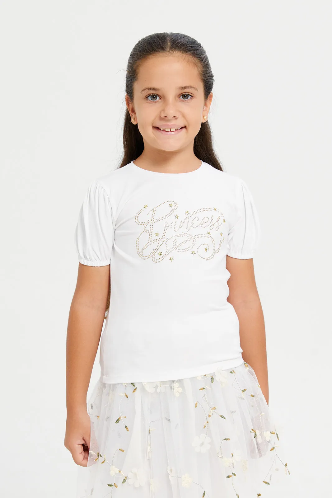 Girls White Embellished Princess Studded T Shirt