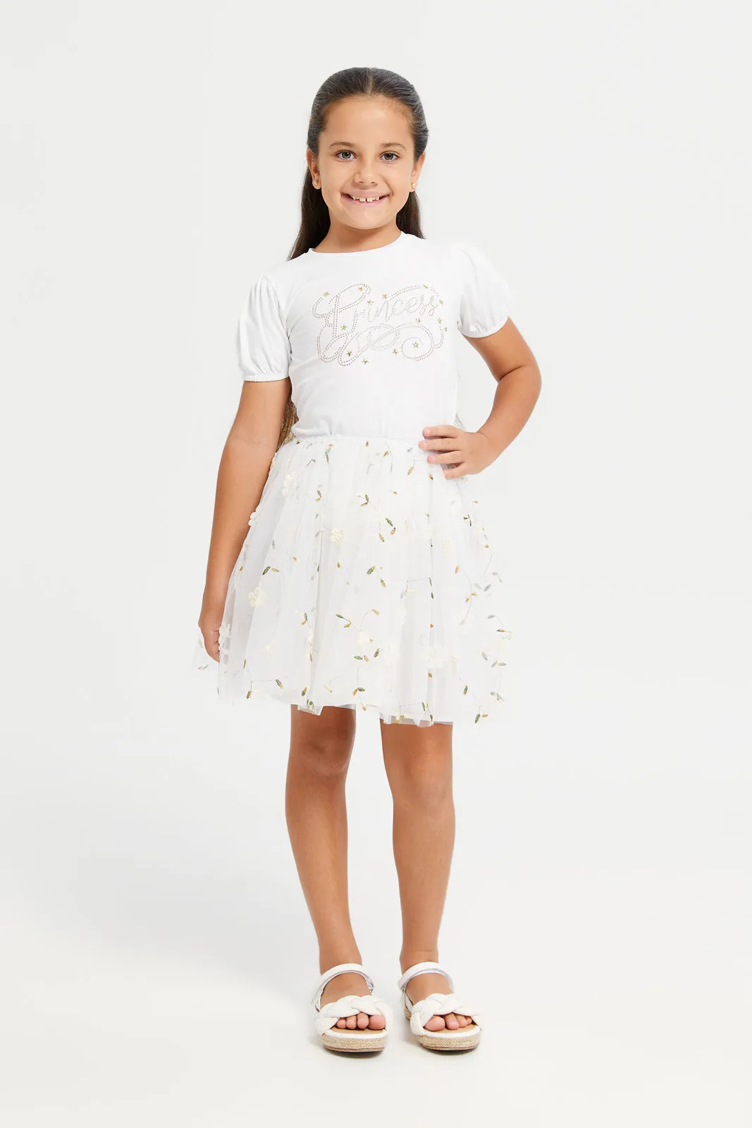 Girls White Embellished Princess Studded T Shirt