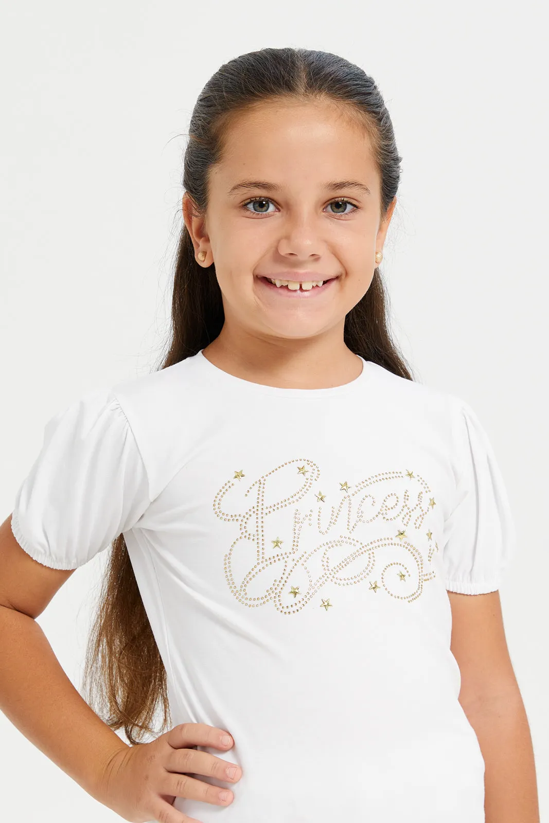 Girls White Embellished Princess Studded T Shirt