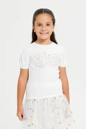 Girls White Embellished Princess Studded T Shirt