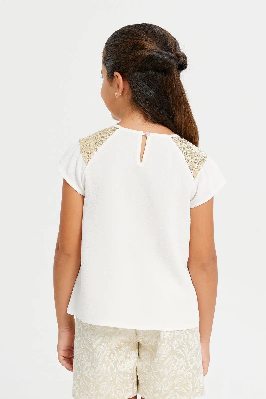 Girls White Sequins Shoulder Blouse