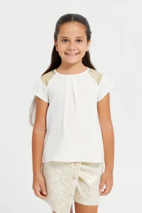 Girls White Sequins Shoulder Blouse