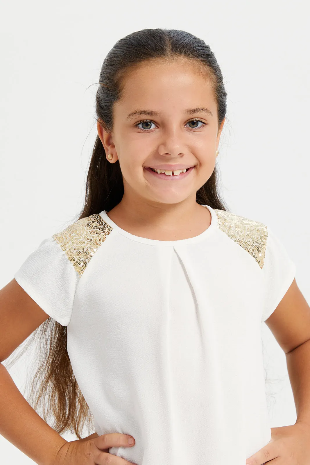 Girls White Sequins Shoulder Blouse