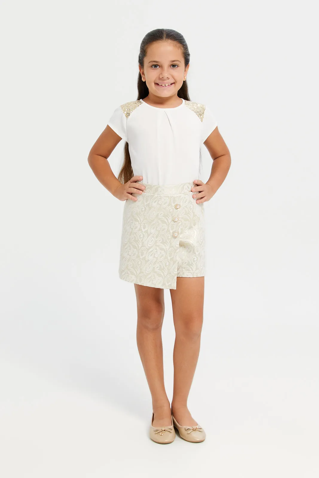 Girls White Sequins Shoulder Blouse