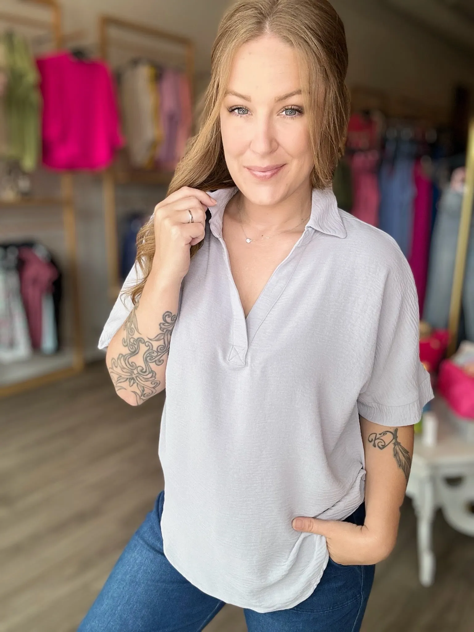 Grey Collared Short Sleeve Top