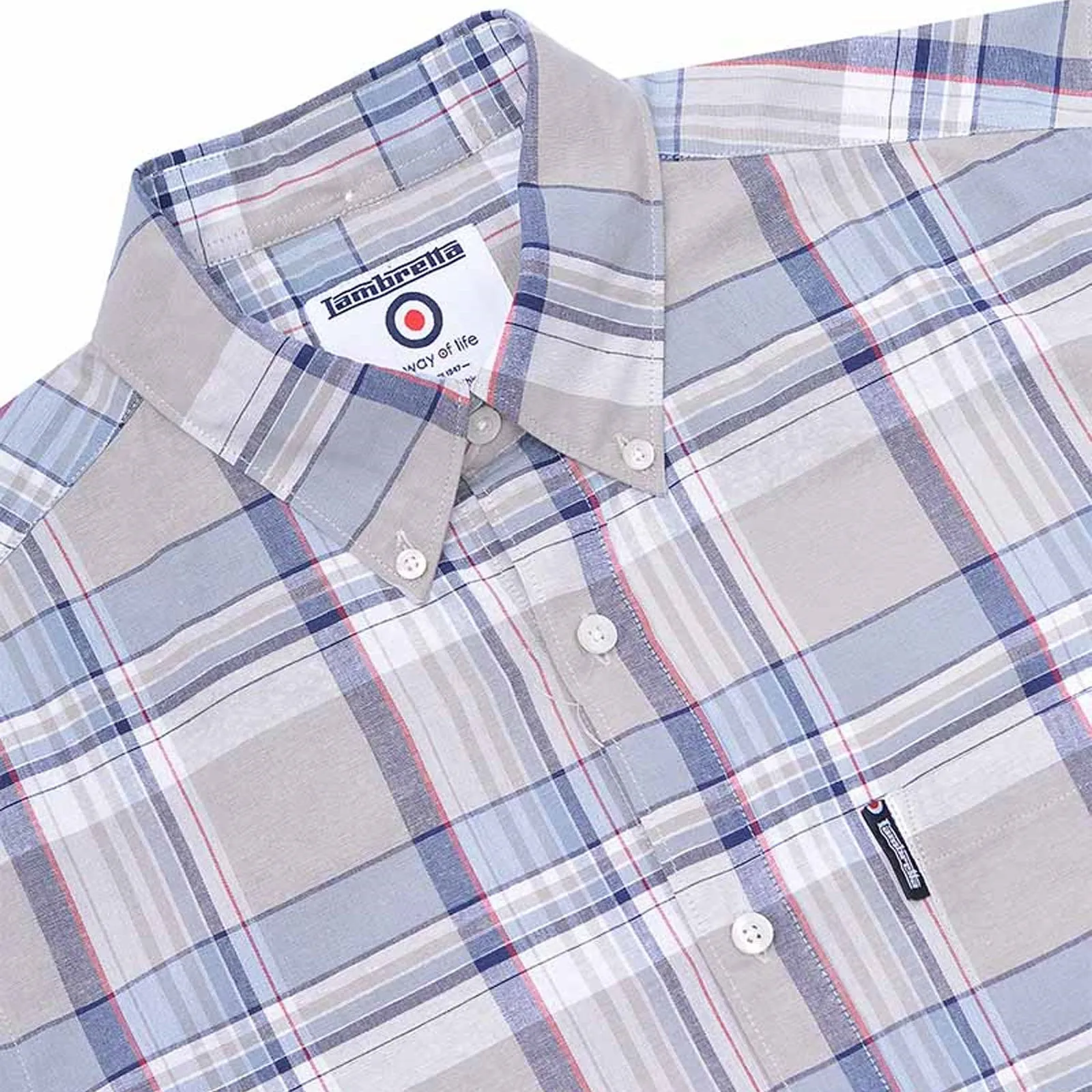 Lambretta Mens Retro Checked Short Sleeve Button Down Shirt - Khaki