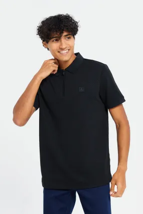 Men Black Zip Placket Jacquard Polo Shirt