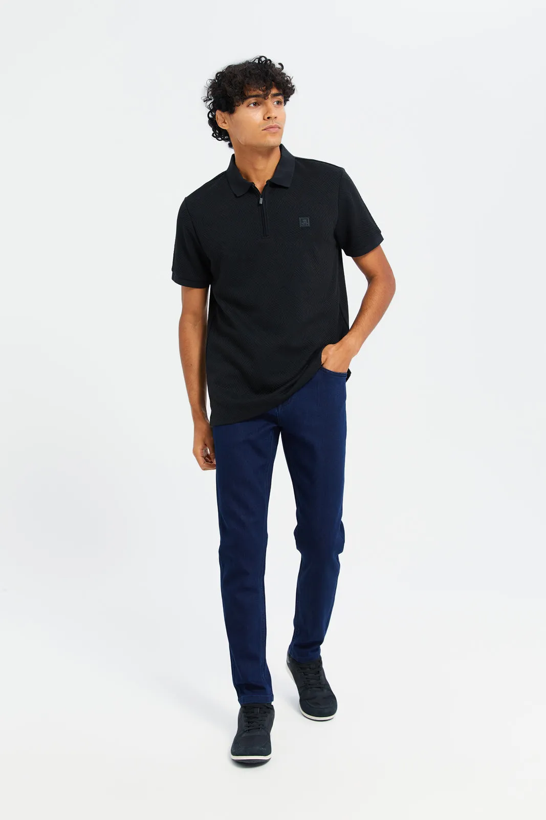 Men Black Zip Placket Jacquard Polo Shirt