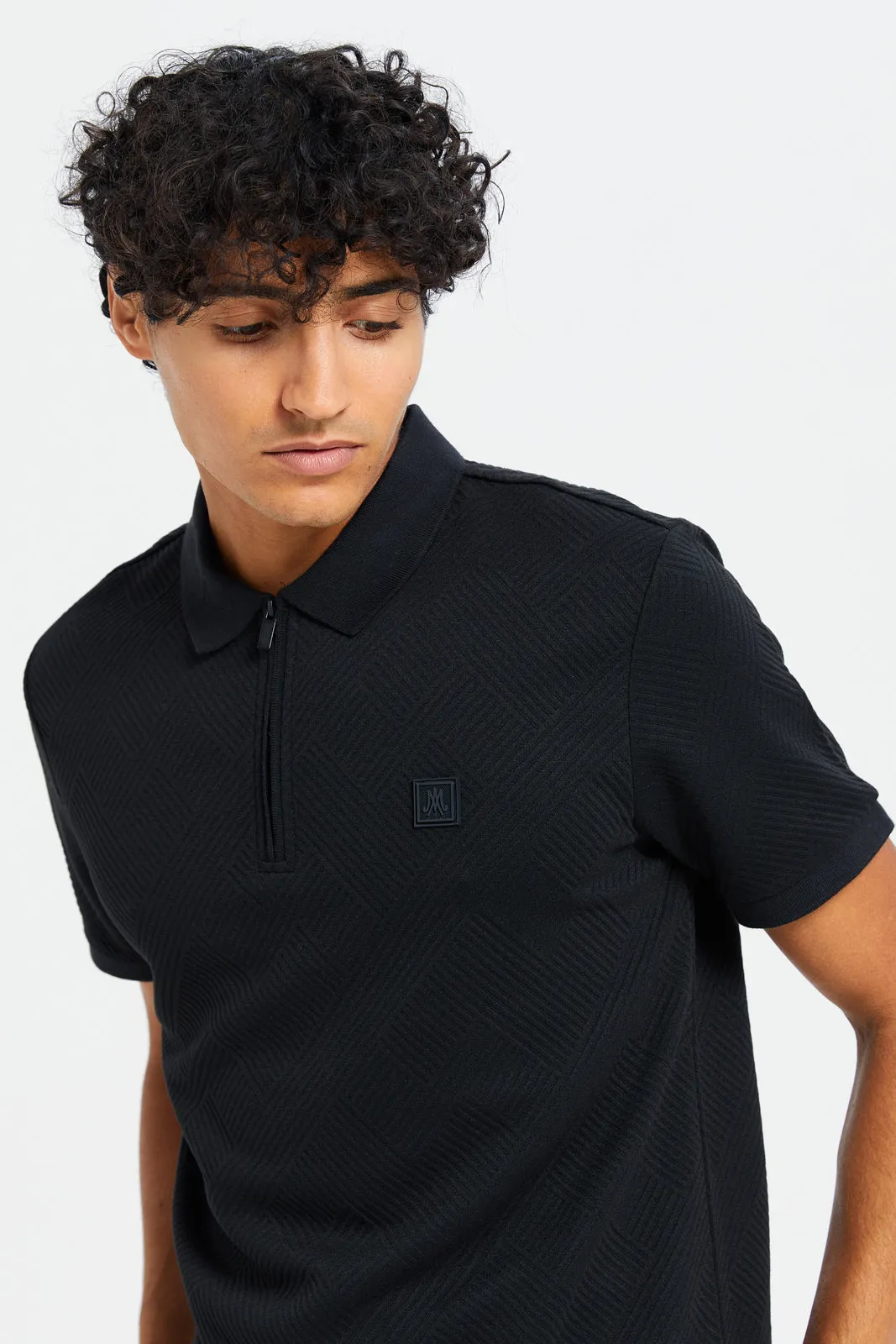 Men Black Zip Placket Jacquard Polo Shirt
