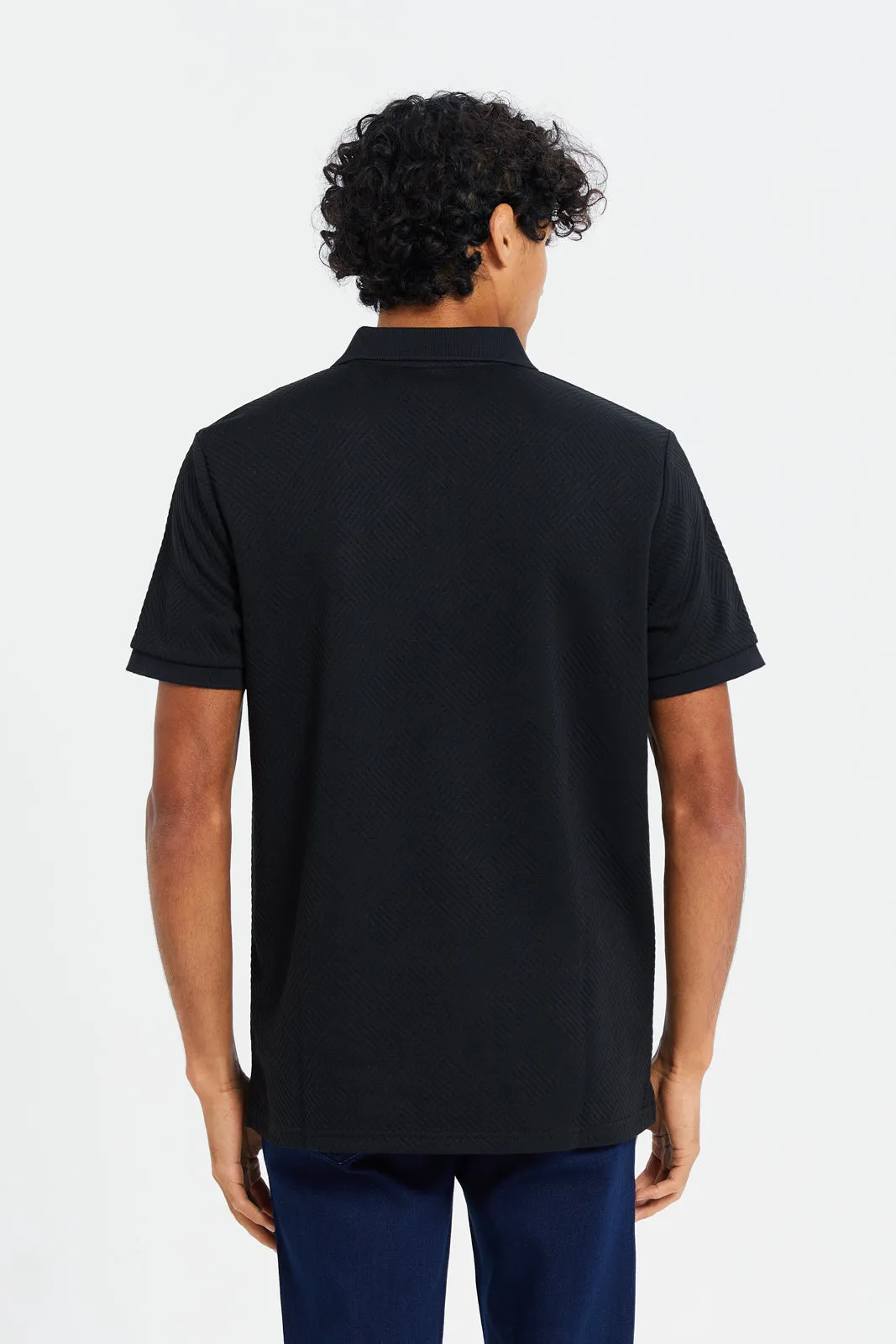 Men Black Zip Placket Jacquard Polo Shirt