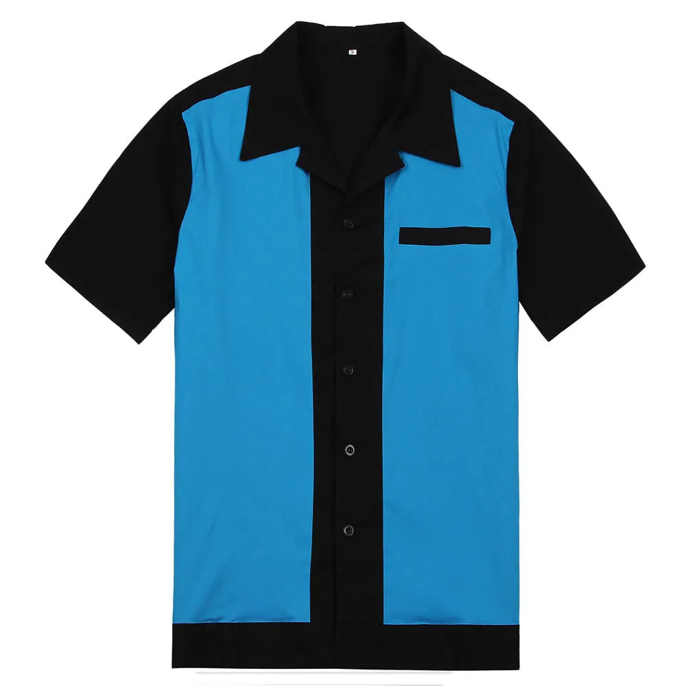 Men Bowling Shirt Dress Rockabilly Short Sleeve White Red Blue Mid-Century Inspired Vintage Men Shirt