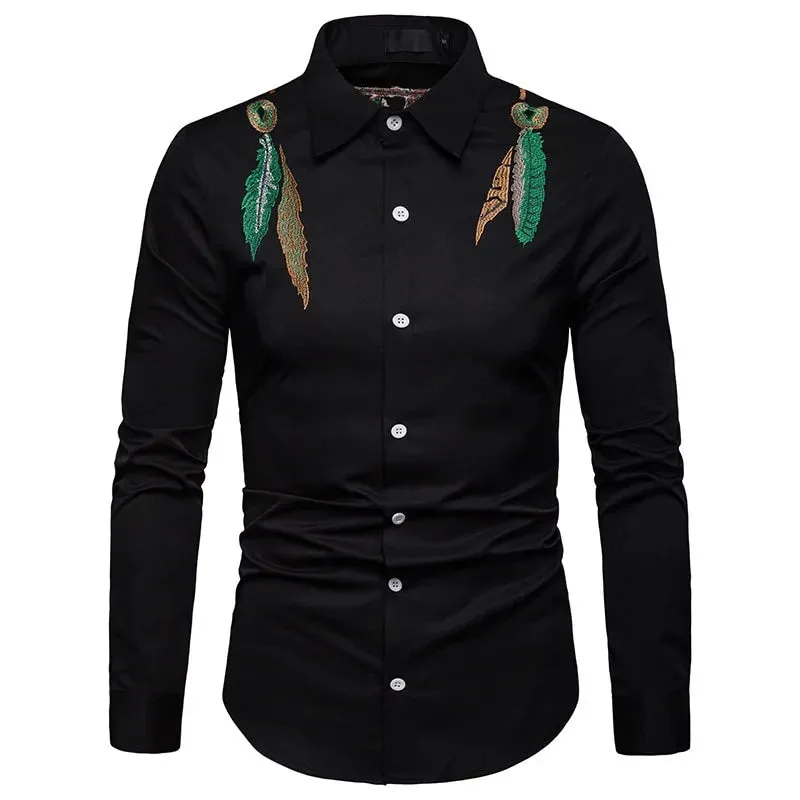 Men's Fashion Leaf Embroidery Black Long Sleeve Shirt