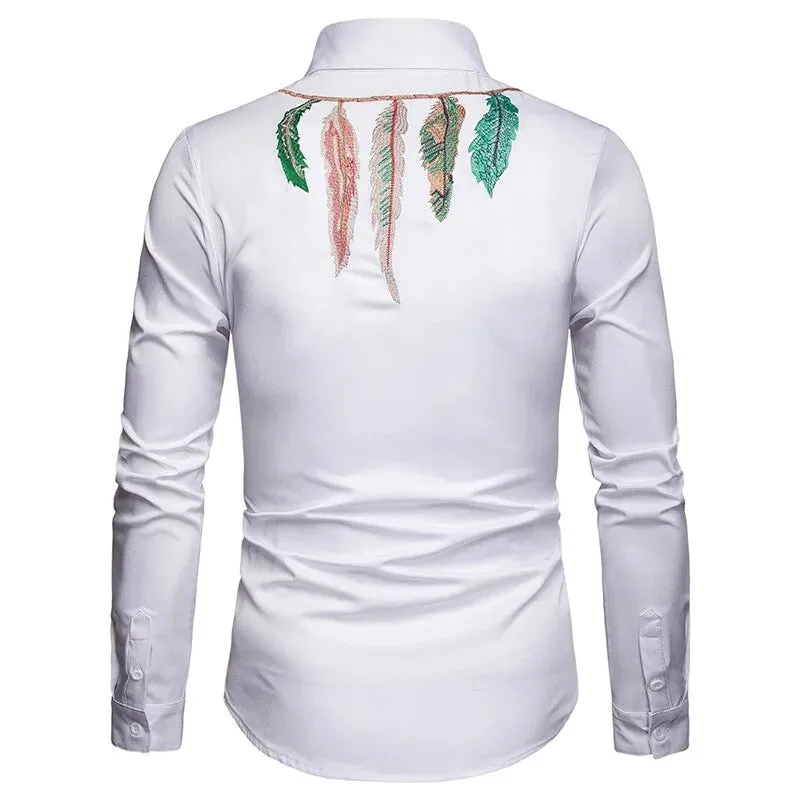 Men's Fashion Leaf Embroidery Black Long Sleeve Shirt