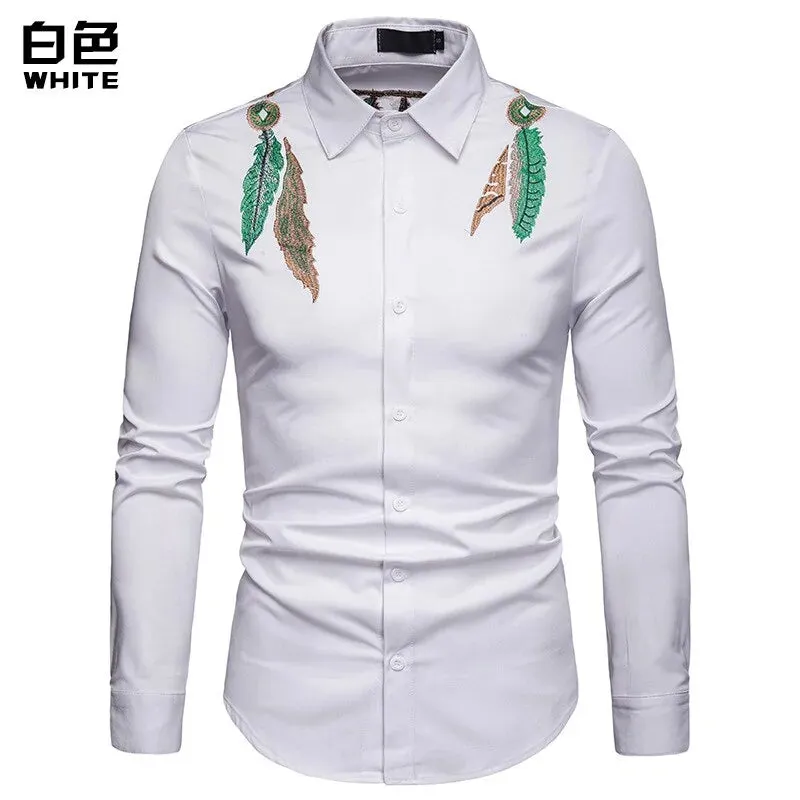 Men's Fashion Leaf Embroidery Black Long Sleeve Shirt