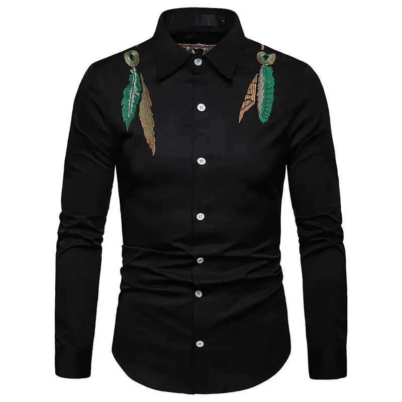 Men's Fashion Leaf Embroidery Black Long Sleeve Shirt