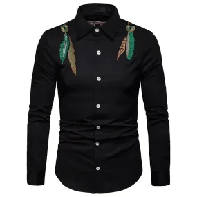 Men's Fashion Leaf Embroidery Black Long Sleeve Shirt