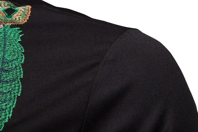 Men's Fashion Leaf Embroidery Black Long Sleeve Shirt