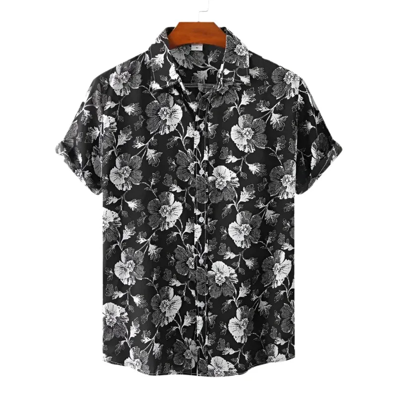 Men’s Summer Hawaiian Shirt – 3D Printed Flower and Leaves Design, Lapel Collar Short Sleeve Beach Button Top