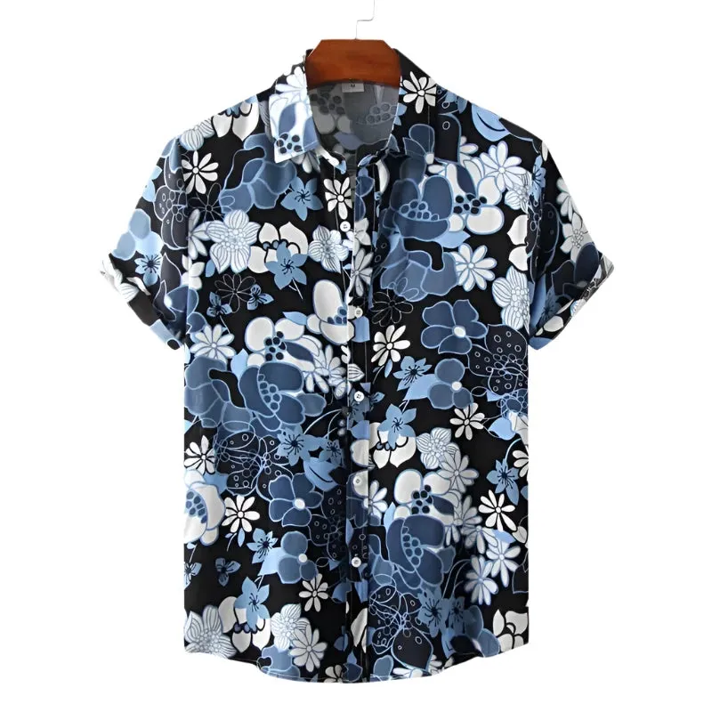 Men’s Summer Hawaiian Shirt – 3D Printed Flower and Leaves Design, Lapel Collar Short Sleeve Beach Button Top