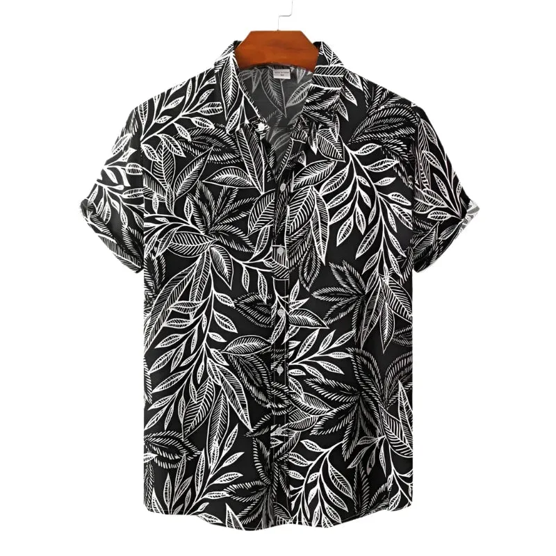 Men’s Summer Hawaiian Shirt – 3D Printed Flower and Leaves Design, Lapel Collar Short Sleeve Beach Button Top