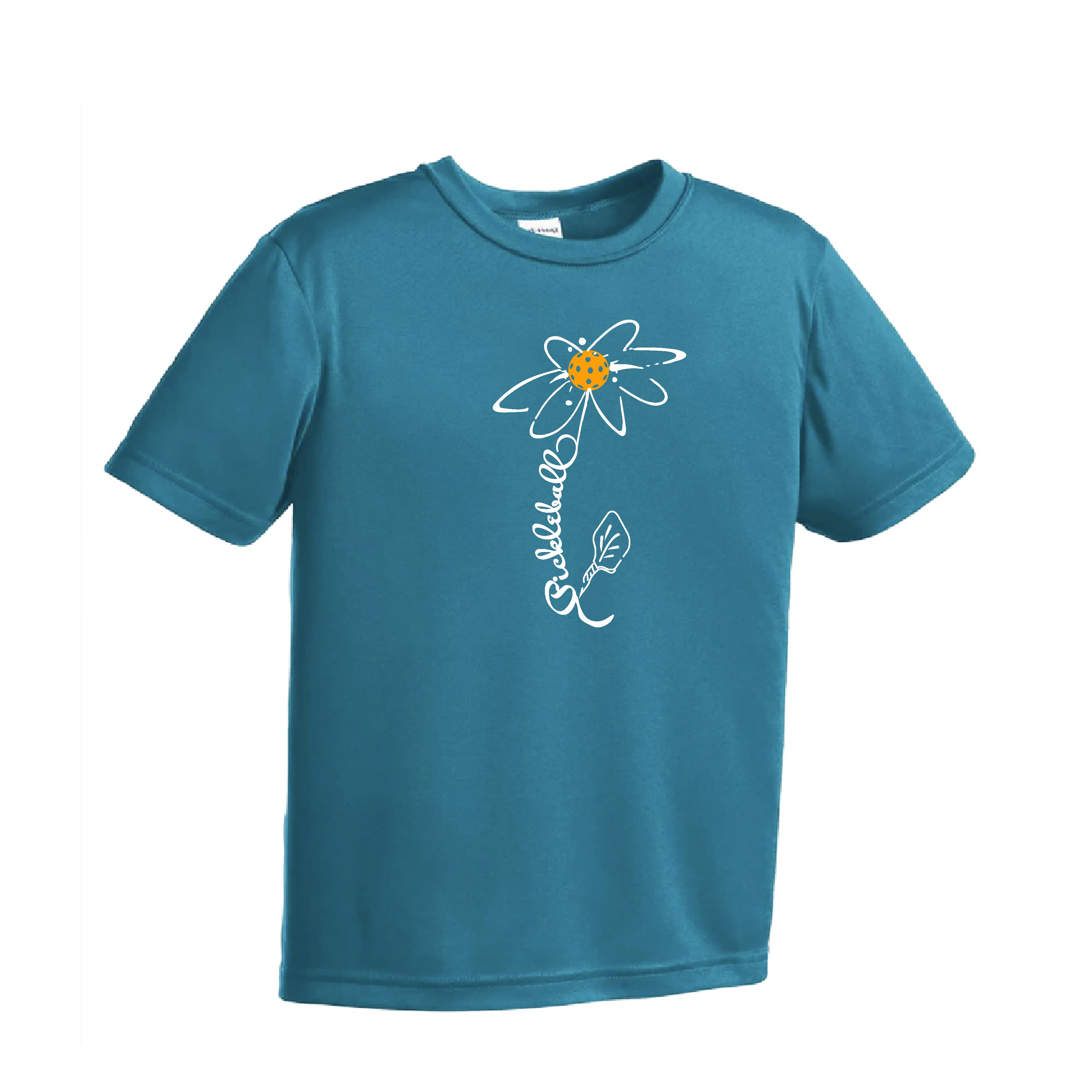 Pickleball Flower (Cyan Green Orange) | Youth Short Sleeve Pickleball Shirts | 100% Polyester
