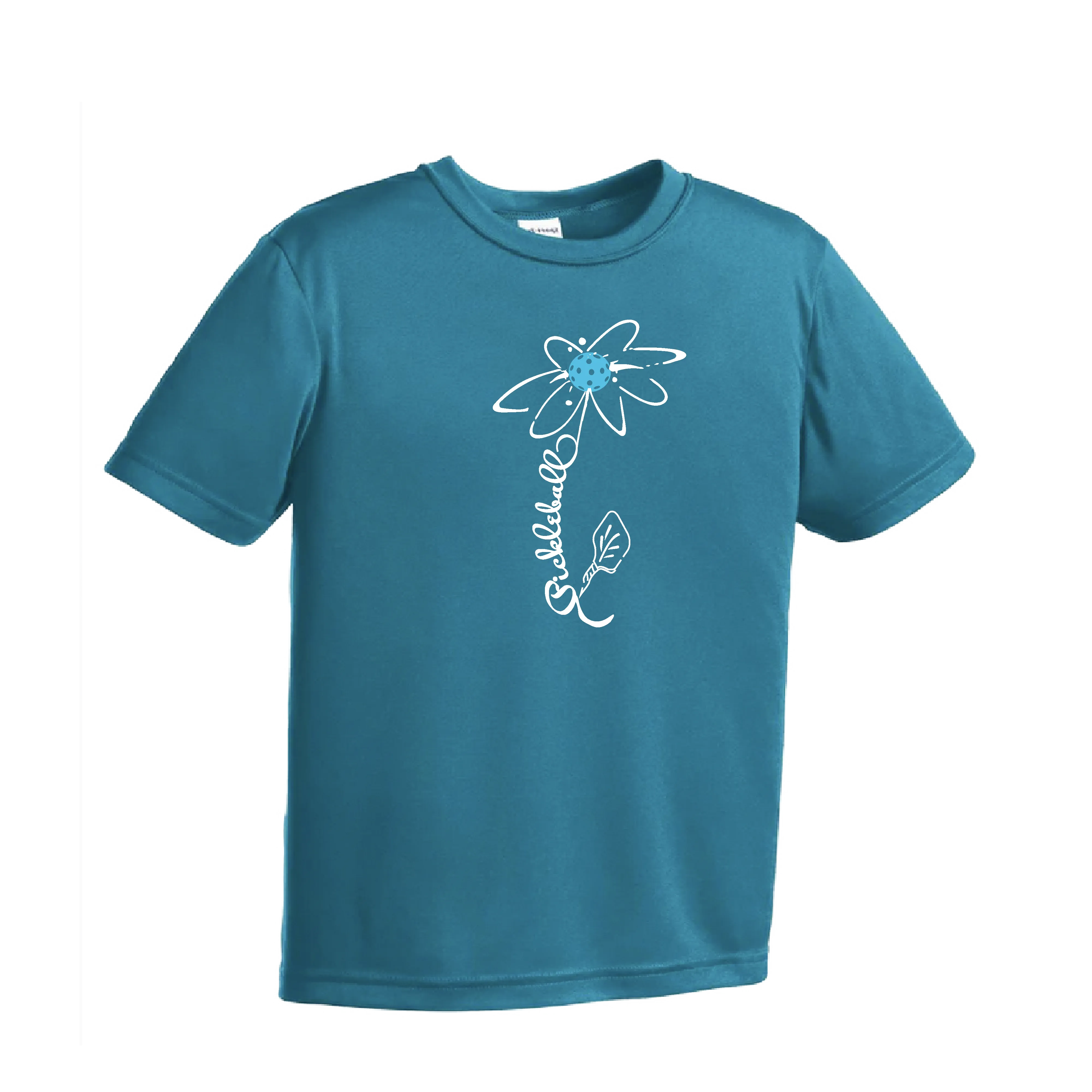 Pickleball Flower (Cyan Green Orange) | Youth Short Sleeve Pickleball Shirts | 100% Polyester