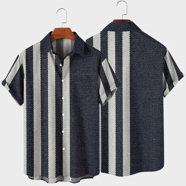 Short Sleeve Lapel Shirt Large Size Striped Simple 30 3D Printing Shirt with Pockets