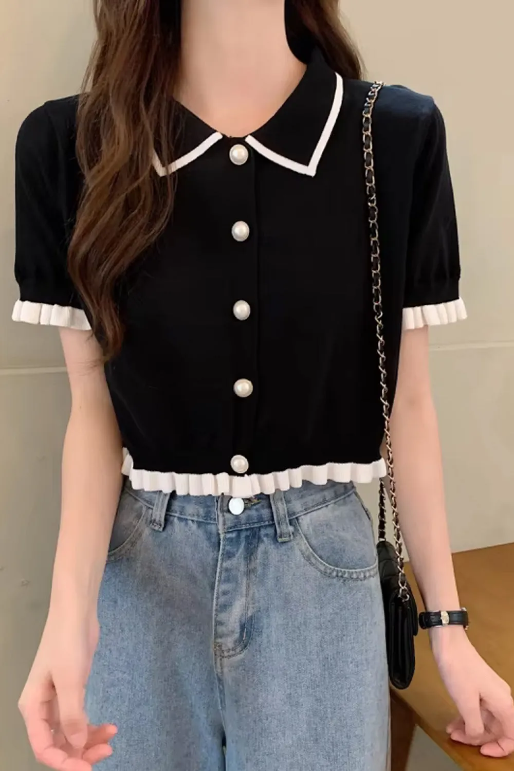 Short Sleeve Retro Turn Down Collar Knitted Shirts