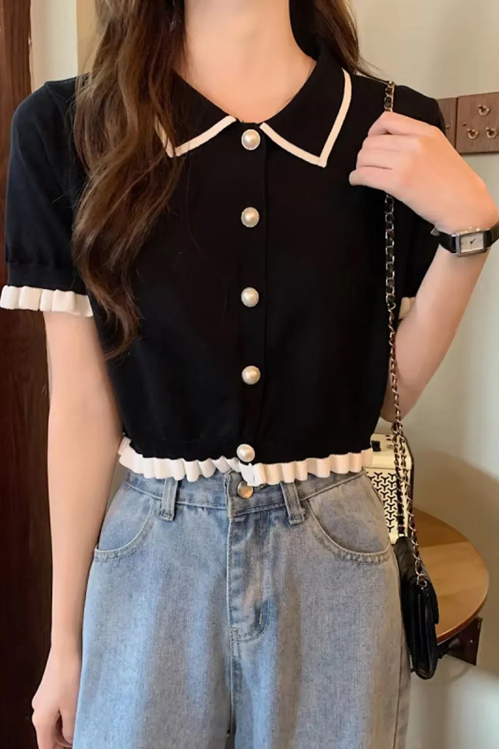 Short Sleeve Retro Turn Down Collar Knitted Shirts