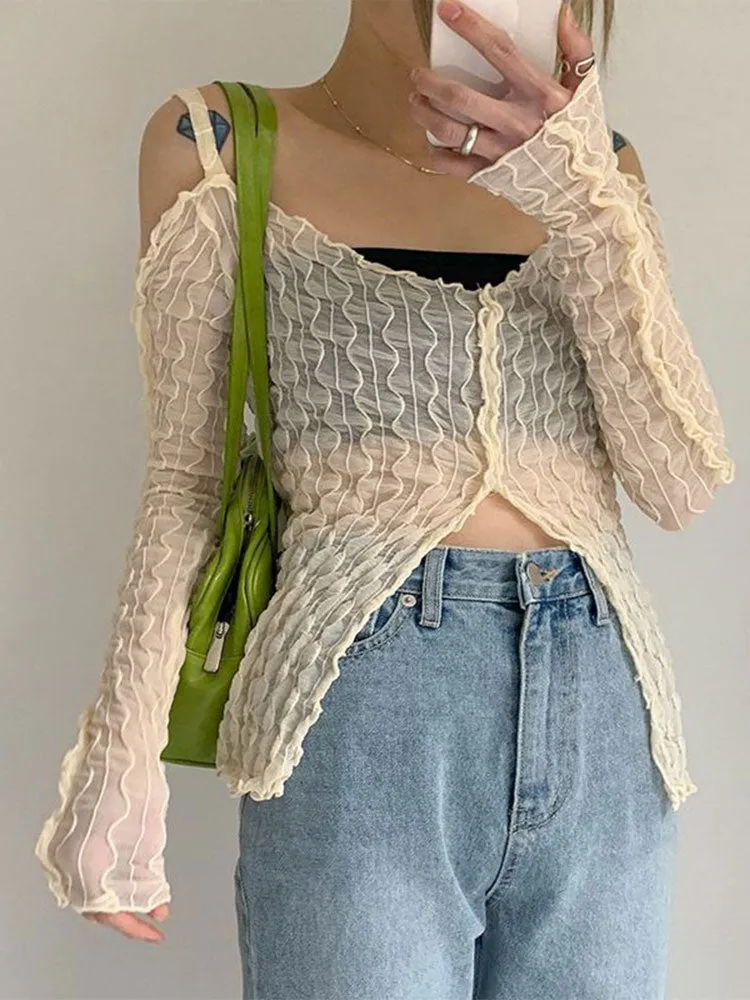 Top Women   White Shirt Ruffle Lace Top See Through Blouses Turn Down Collar Shirts Short Sleeve Tees Street Women Clothing