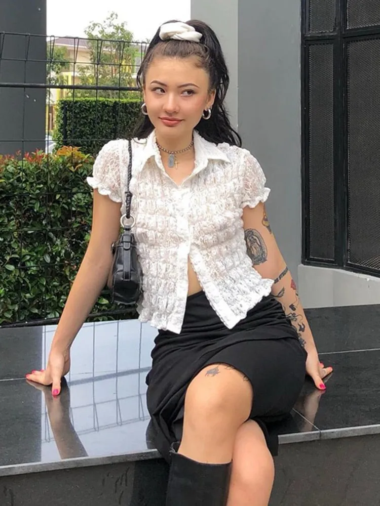 Top Women   White Shirt Ruffle Lace Top See Through Blouses Turn Down Collar Shirts Short Sleeve Tees Street Women Clothing