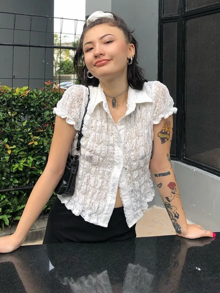 Top Women   White Shirt Ruffle Lace Top See Through Blouses Turn Down Collar Shirts Short Sleeve Tees Street Women Clothing